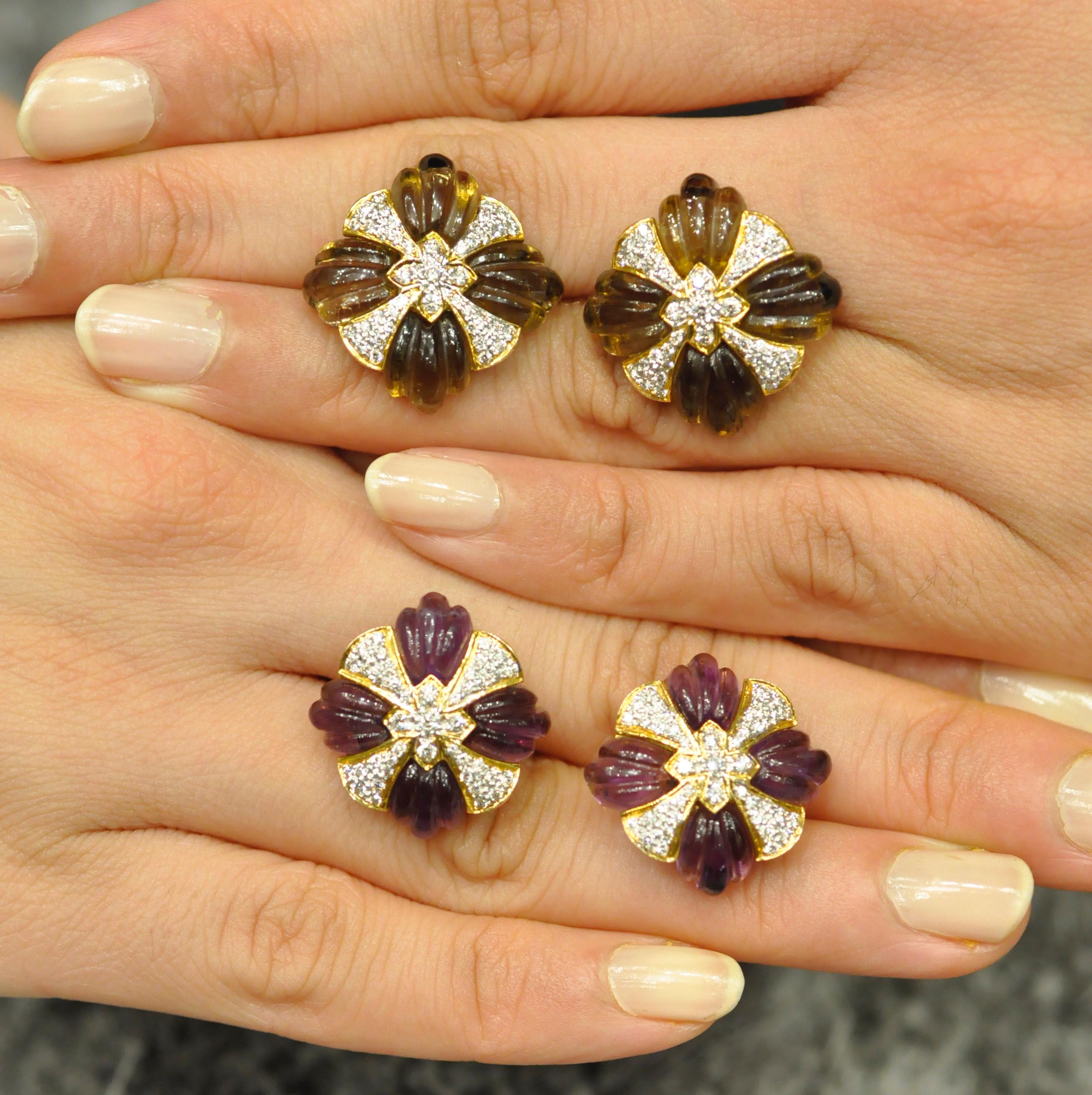 18 Karat Gold Natural Amethyst Carving with Diamond Stud Earrings 6