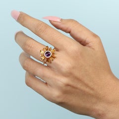 Natural Amethyst Citrine Sunburst Ring 18K Yellow Gold Diamond Cocktail Band