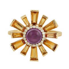 Natural Amethyst Citrine Sunburst Ring 18K Yellow Gold Diamond Cocktail Band