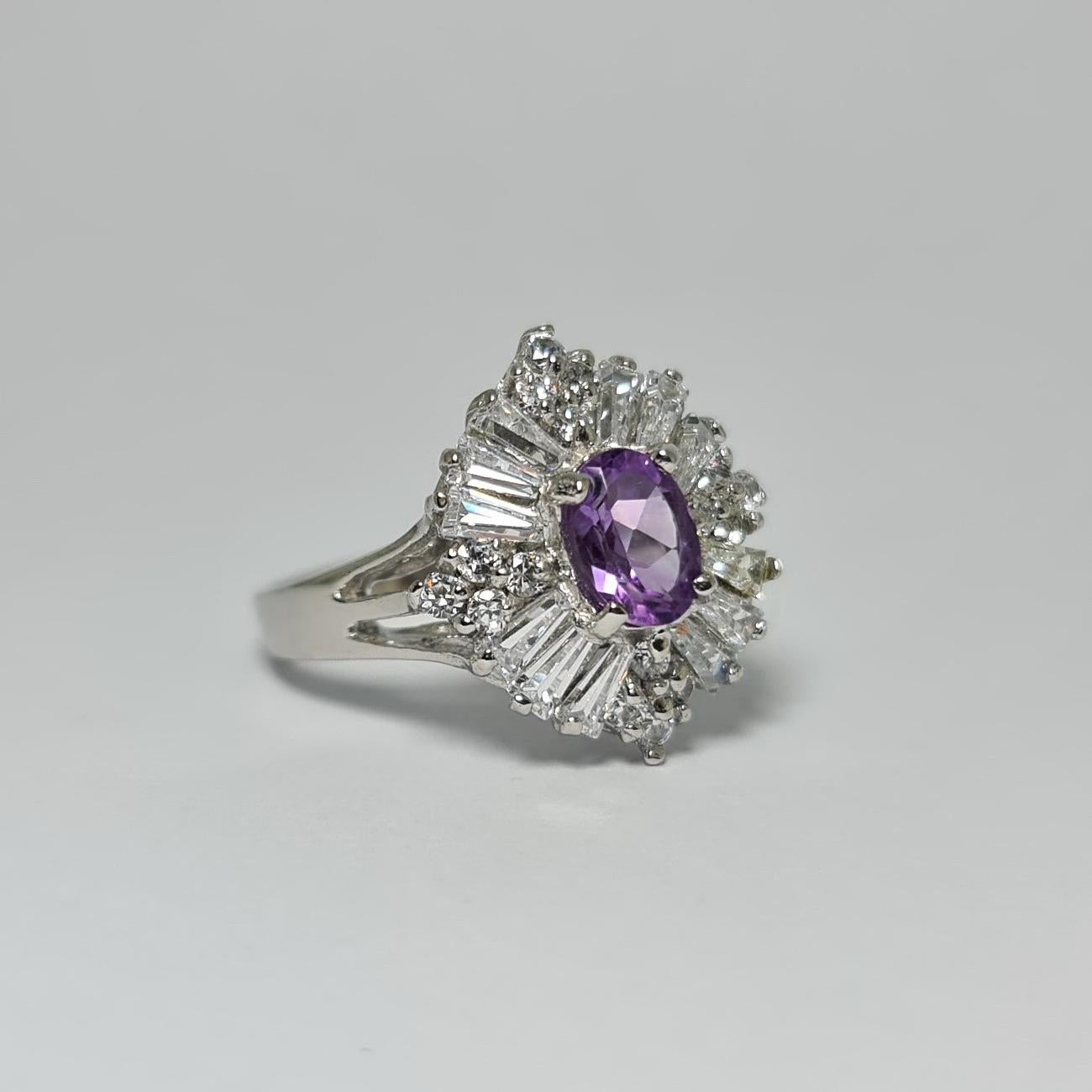 Natural Amethyst and Cubic Zirconia Rhodium plated .925 pure Sterling Silver Ring 