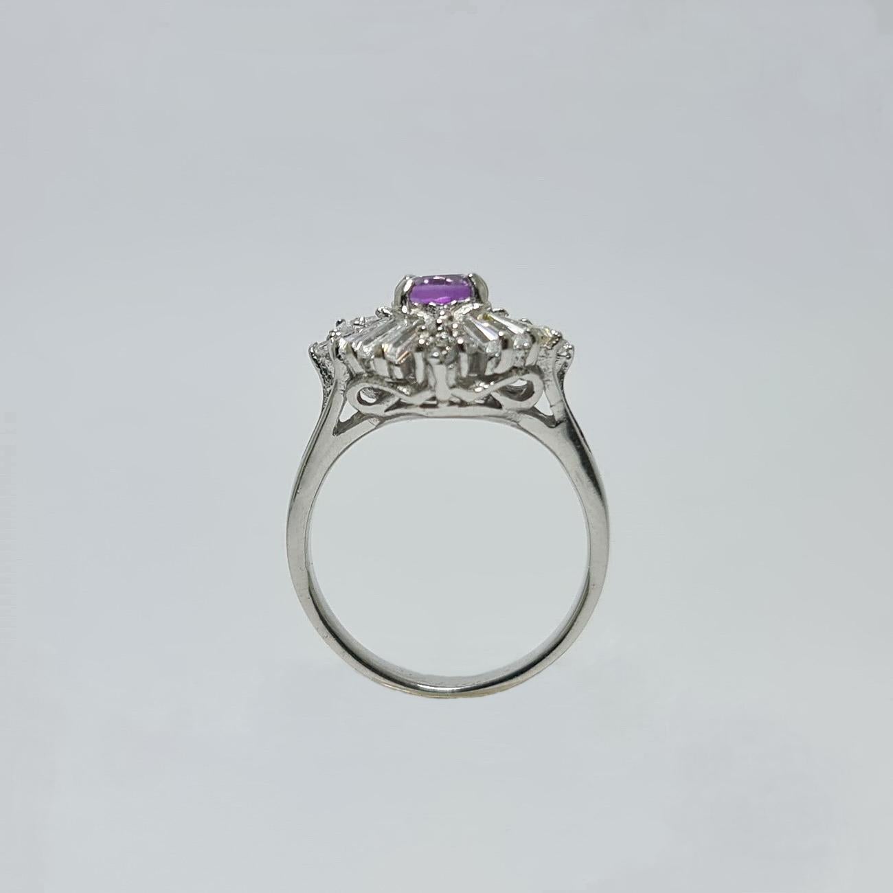 Art Nouveau Natural Amethyst Cubic Zirconia .925 Sterling Silver Rhodium Plated Ring For Sale