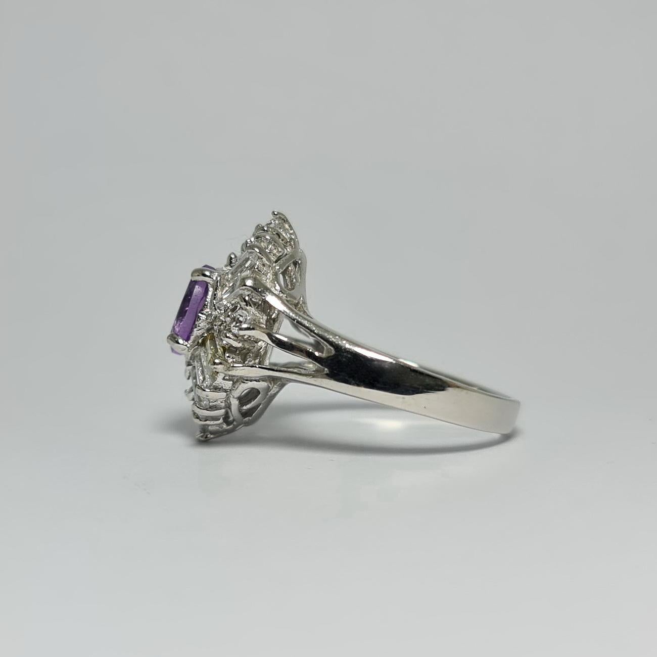Natural Amethyst Cubic Zirconia .925 Sterling Silver Rhodium Plated Ring In New Condition For Sale In Los Angeles, CA