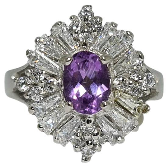 Natural Amethyst Cubic Zirconia .925 Sterling Silver Rhodium Plated Ring For Sale