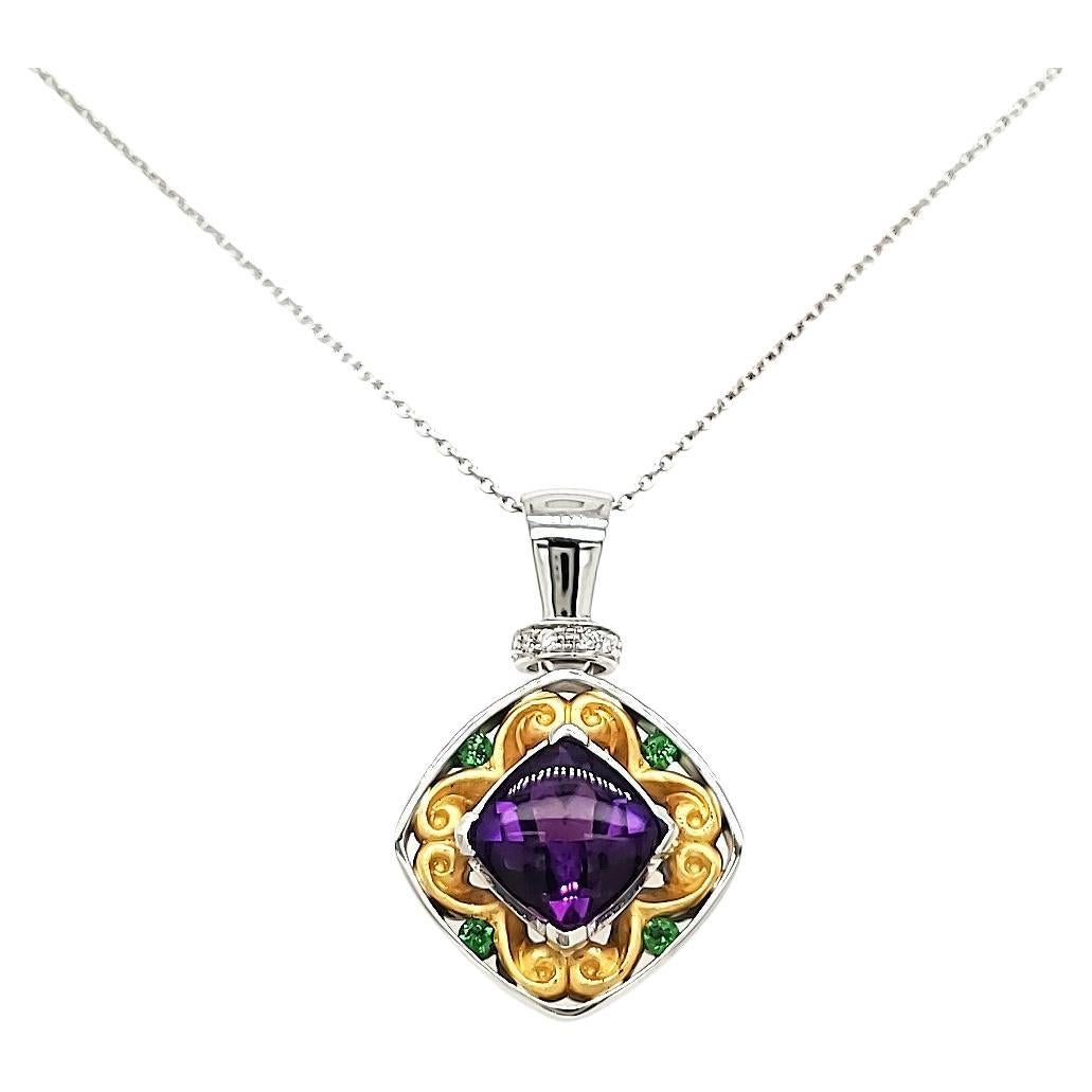 Natural Amethyst Cushion Cut Cts 3.18 Round Tszavorite Cts 0.22 Diamond Pendant For Sale