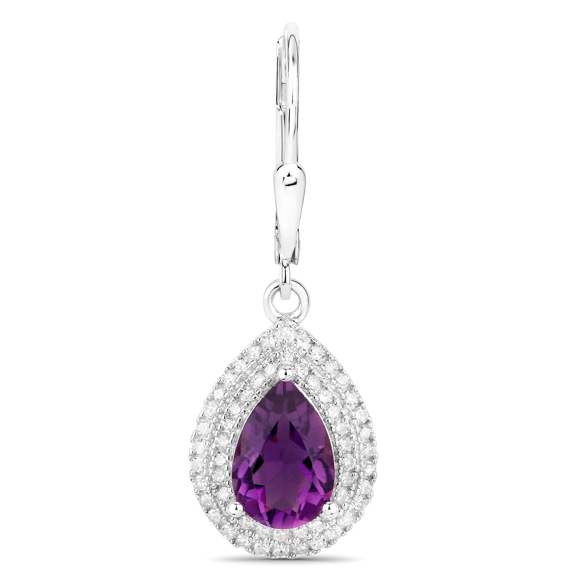 Pear Cut Natural Amethyst Dangle Earrings Diamond Halo  2.78 Carats For Sale