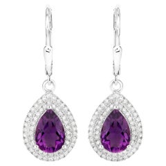 Natural Amethyst Dangle Earrings Diamond Halo  2.78 Carats