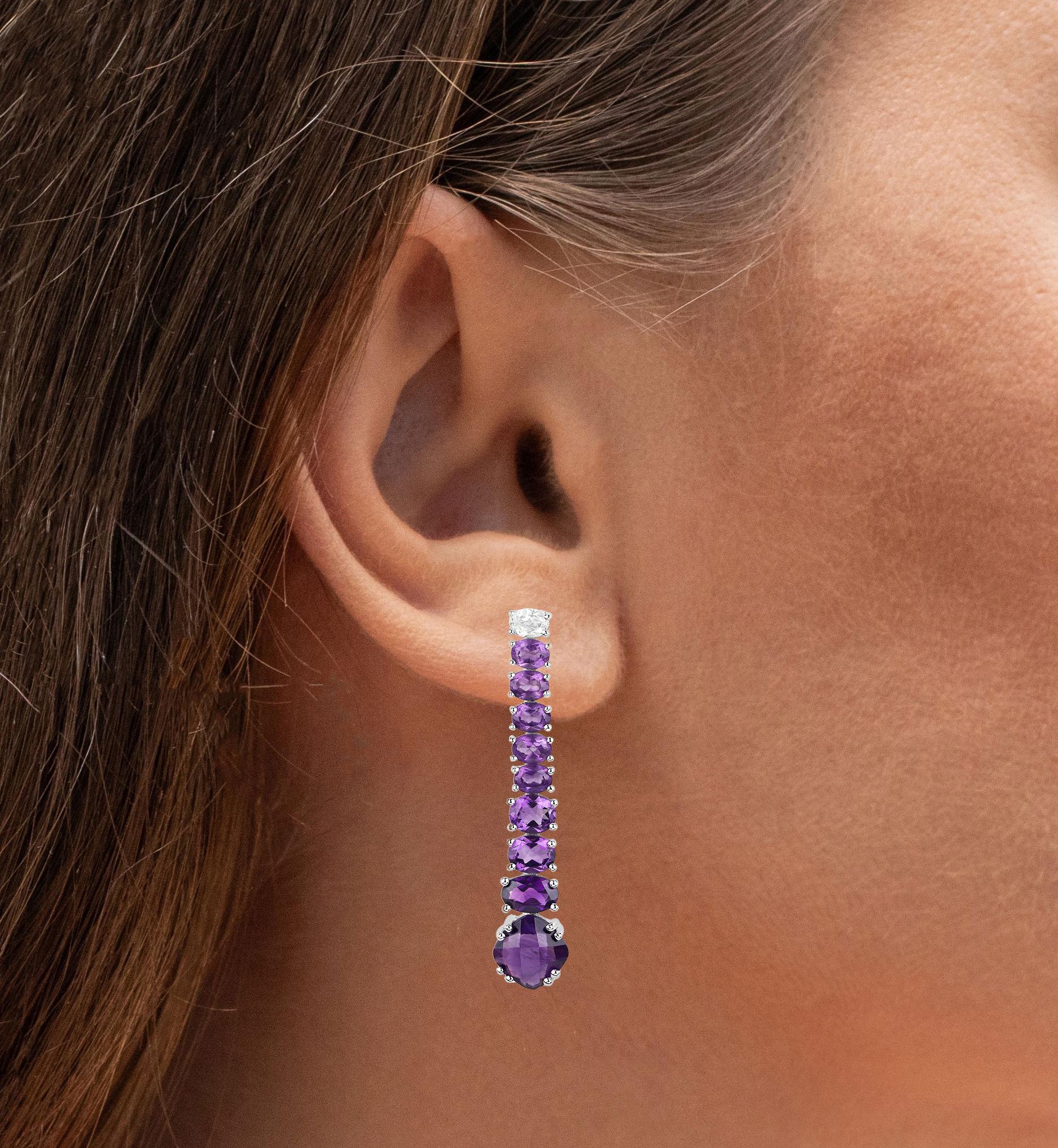Natural Amethyst Dangle Earrings White Topaz Top 7.5 Carats In New Condition For Sale In Aliso Viejo, CA
