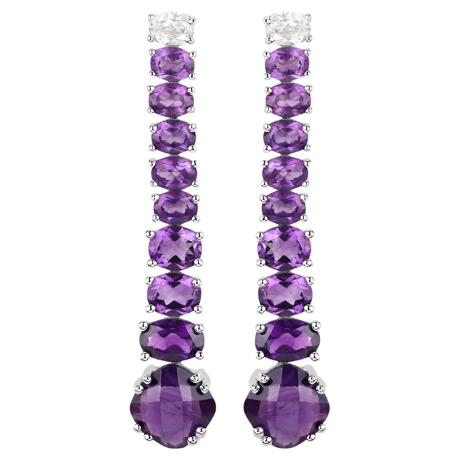 Natural Amethyst Dangle Earrings White Topaz Top 7.5 Carats  For Sale
