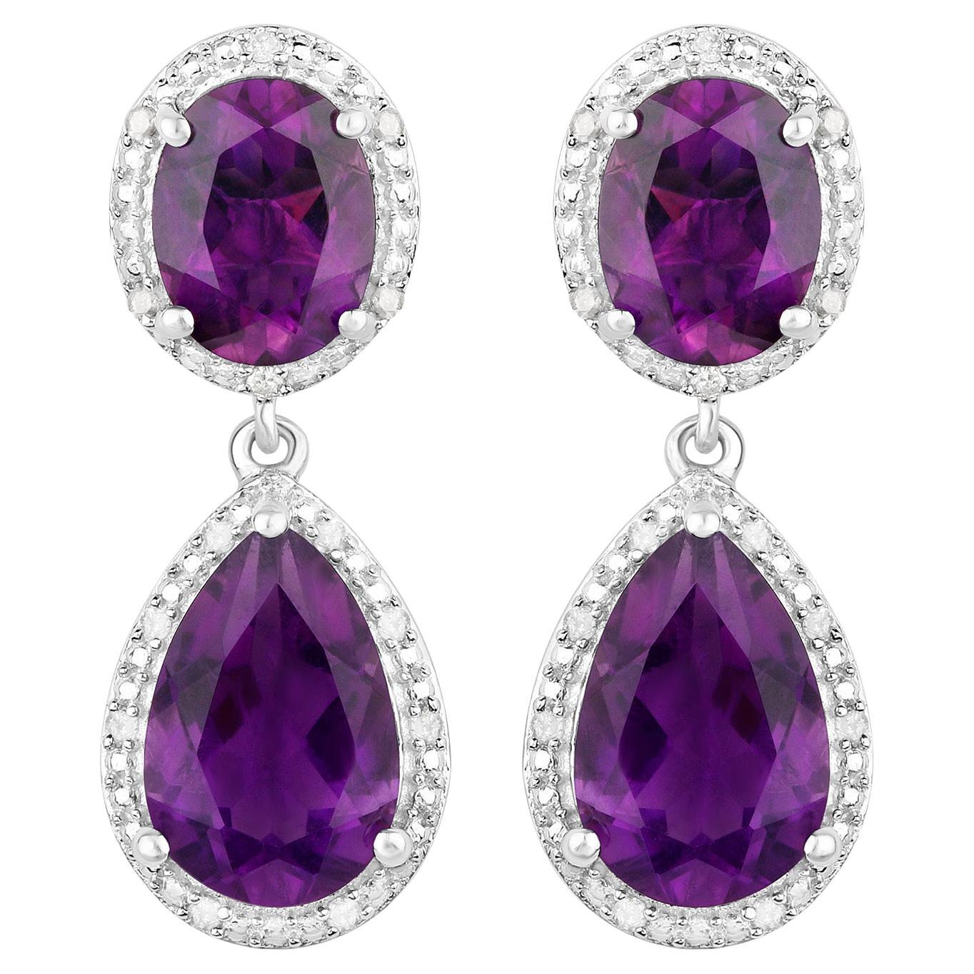 Natural Amethyst Dangle Earrings With Diamonds 8.45 Carats Total