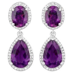 Natural Amethyst Dangle Earrings With Diamonds 8.45 Carats Total