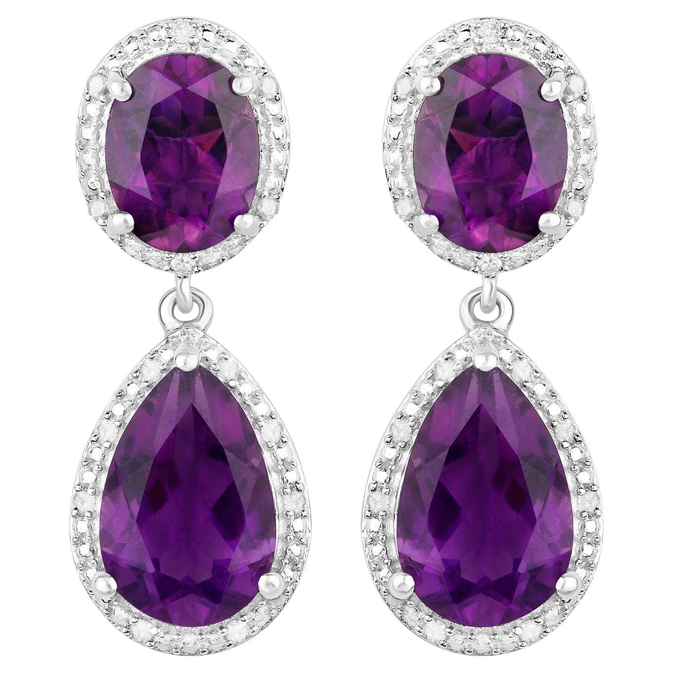 Natural Amethyst Dangle Earrings With Diamonds 8.45 Carats Total