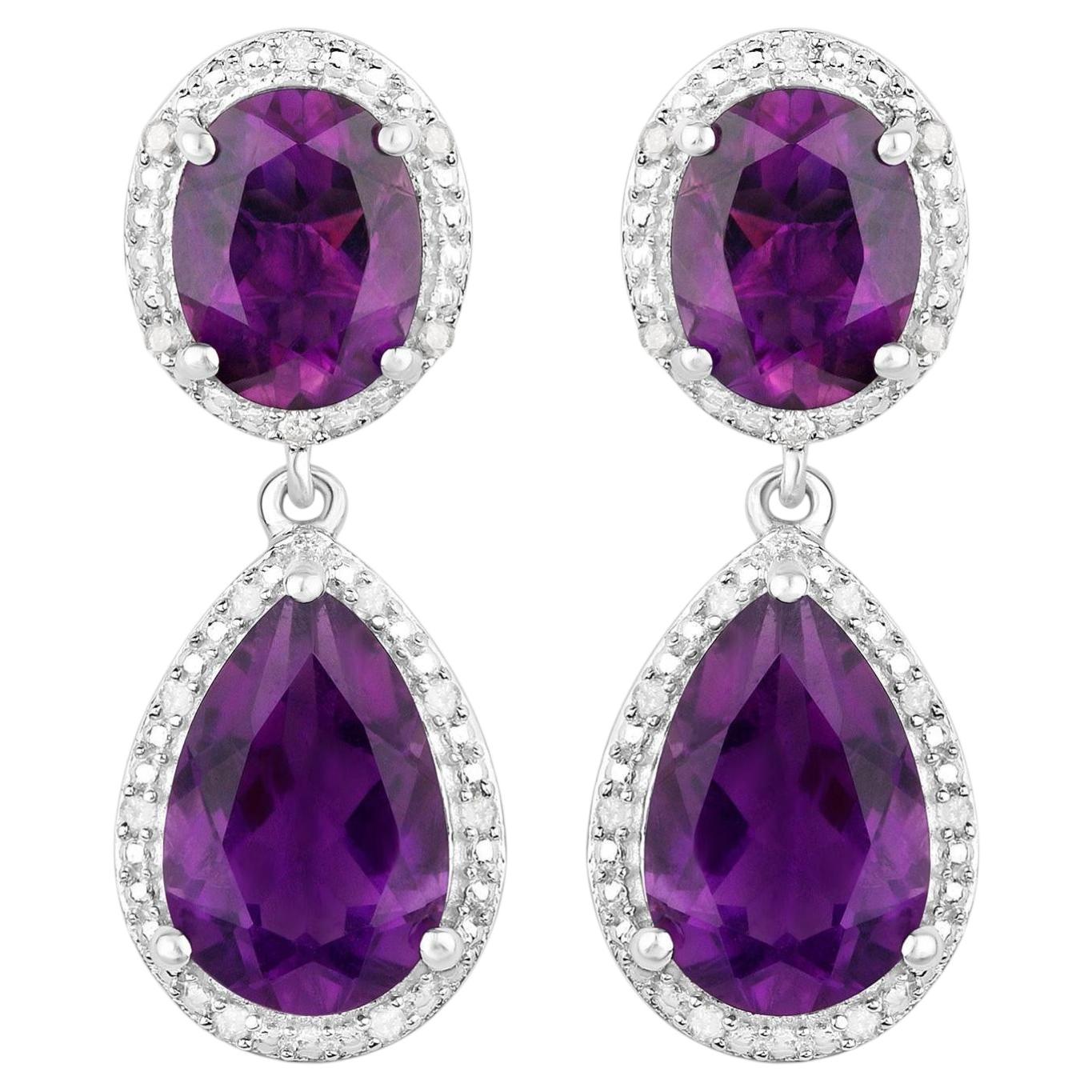 Natural Amethyst Dangle Earrings With Diamonds 8.45 Carats Total