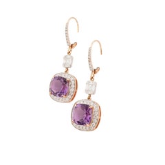 Cushion-Cut Amethyst 8.86ct & Diamond 1.05ct Halo Earrings in 18k Gold