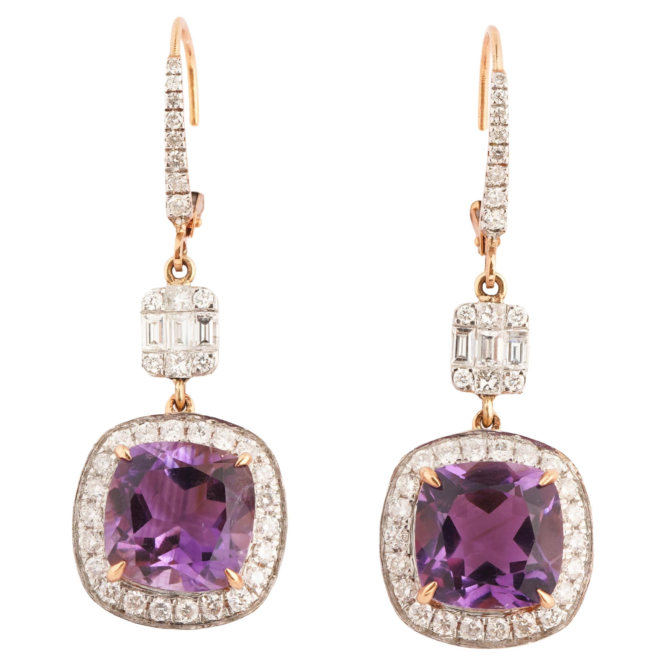 Natürlicher Amethyst-Diamant-Ohrring aus 18k Gold