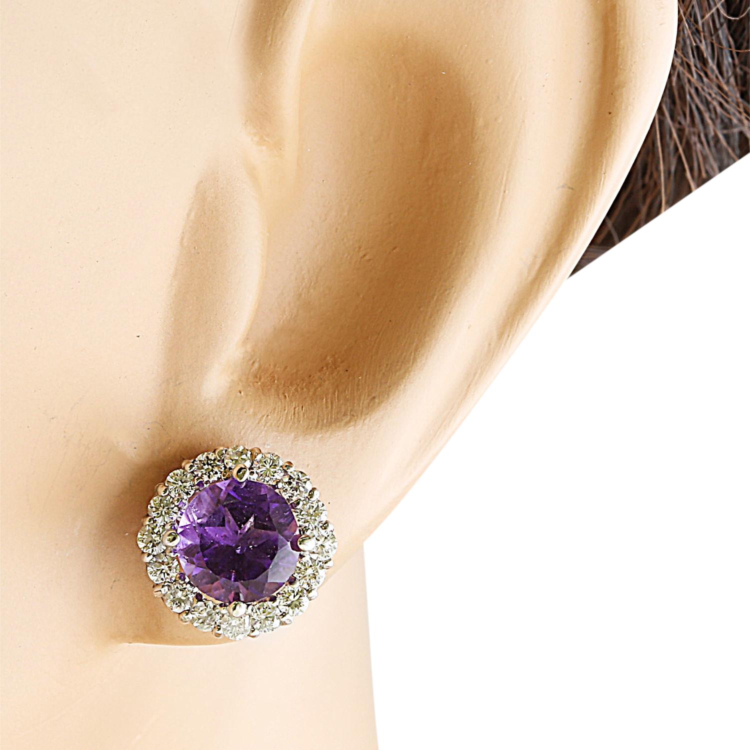 Round Cut Natural Amethyst Diamond Earrings In 14 Karat White Gold For Sale