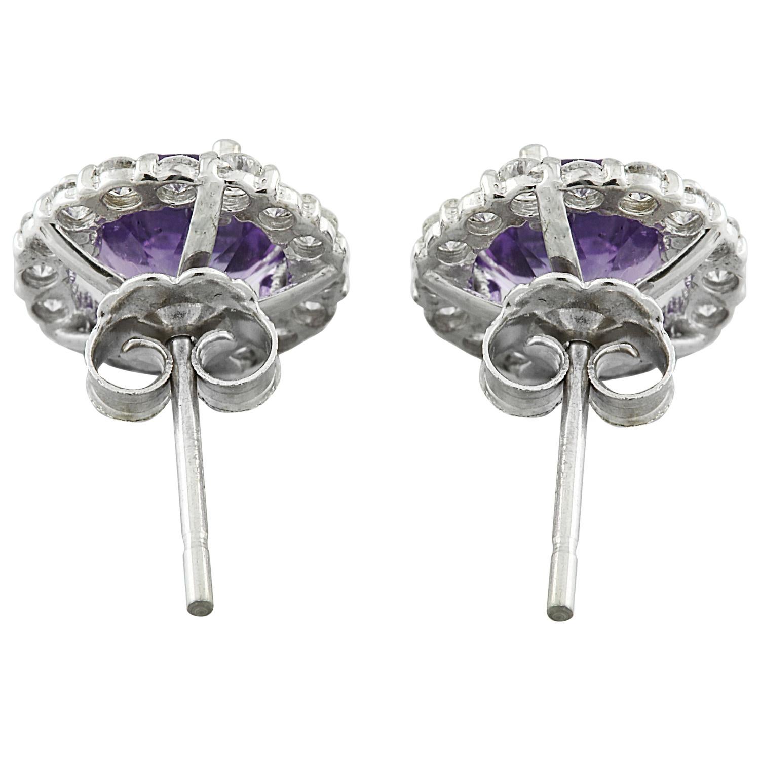 Natural Amethyst Diamond Earrings In 14 Karat White Gold In New Condition For Sale In Los Angeles, CA