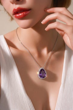 Natural Amethyst Diamond Halo Pendant 18" 14k Gold 9.89 TCW Certified