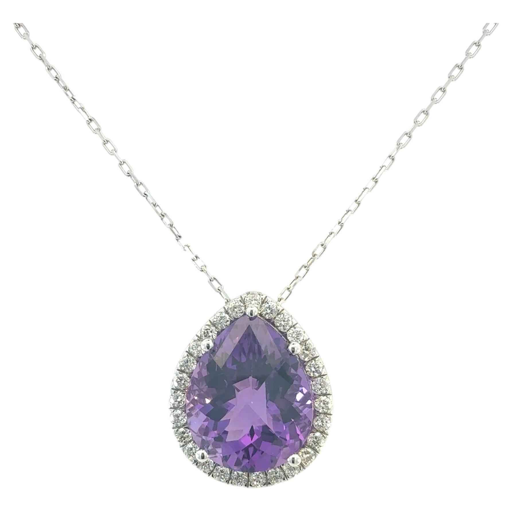 Natural Amethyst Diamond Halo Pendant 18" 14k Gold 9.89 TCW Certified For Sale