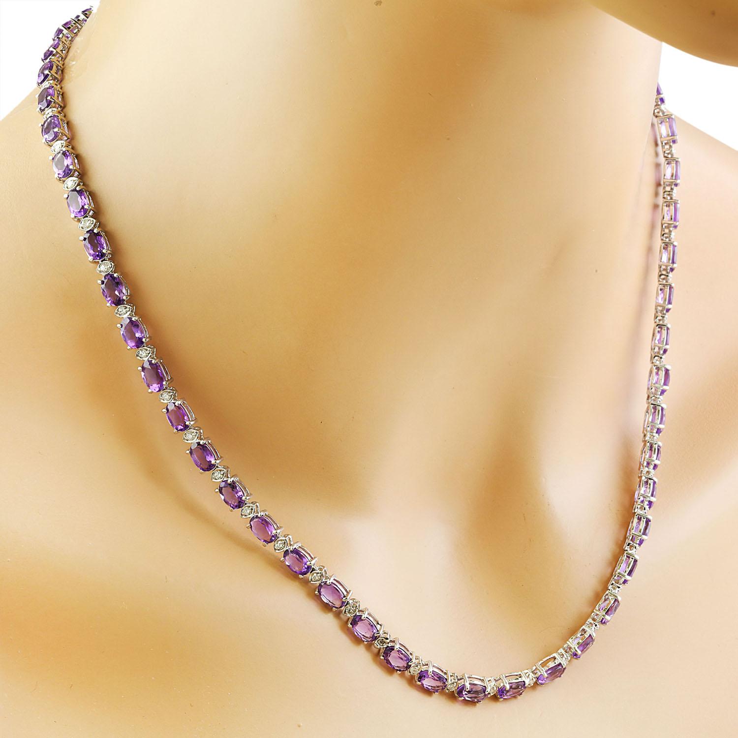 27.50 Carat Natural Amethyst 14 Karat Solid White Gold Diamond Necklace
Stamped: 14K
Total Necklace Weight: 22.4 Grams
Necklace Length: 18 Inches
Amethyst Weight: 26.00 Carat (6.00x4.00 Millimeters) 
Diamond Weight: 1.50 Carat (F-G Color, VS2-SI1