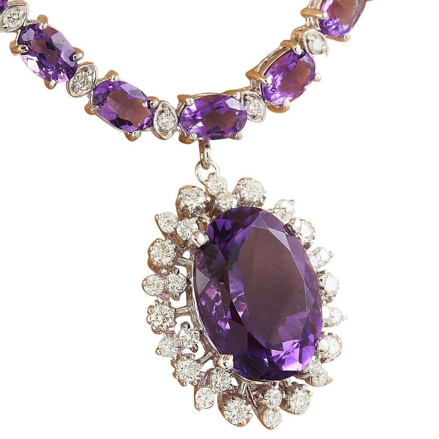 37.52 Carat Natural Amethyst 14 Karat Solid White Gold Diamond Necklace
Stamped: 14K
Total Necklace Weight: 28.2 Grams
Necklace Length: 18 Inches
Center Amethyst Weight: 9.12 Carat (16.00x12.00 Millimeters)
Side Amethyst Weight: 26.00 Carat