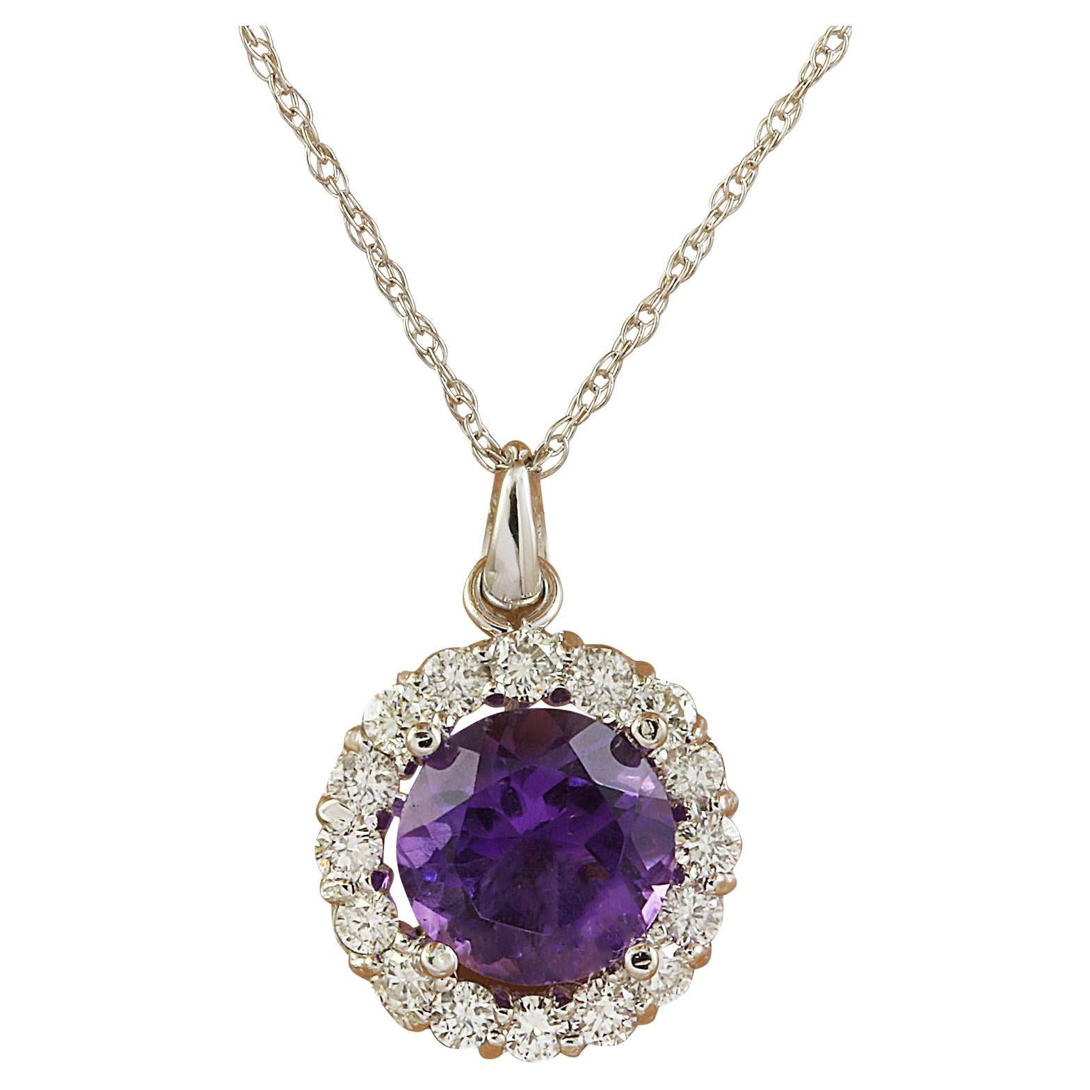 Natural Amethyst Diamond Necklace In 14 Karat White Gold For Sale