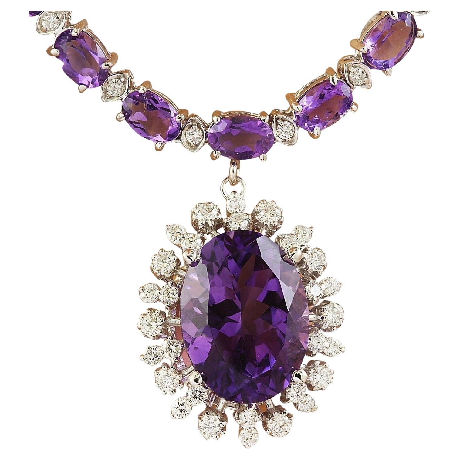 Natural Amethyst Diamond Necklace In 14 Karat White Gold For Sale