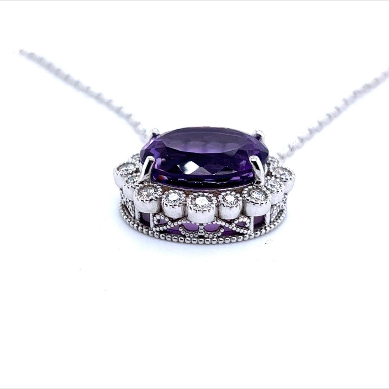 Oval Cut Natural Amethyst Diamond Pendant with Chain 14k W Gold 15.51 TCW Certified For Sale