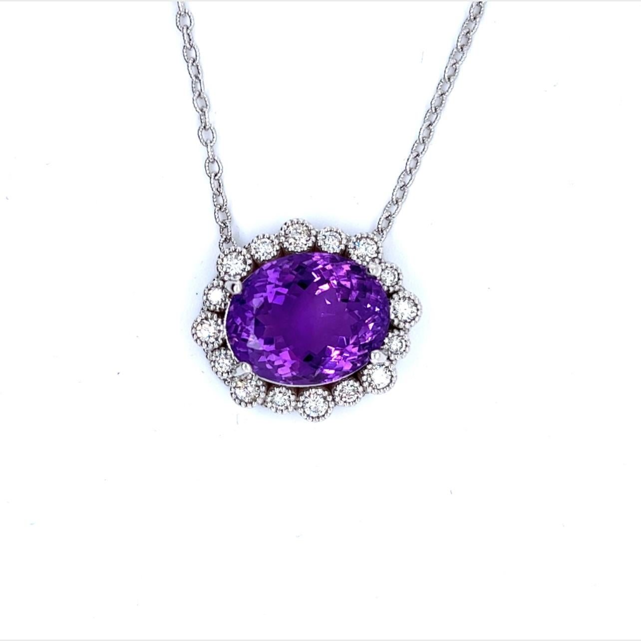 Natural Amethyst Diamond Pendant with Chain 14k W Gold 15.51 TCW Certified In New Condition For Sale In Brooklyn, NY