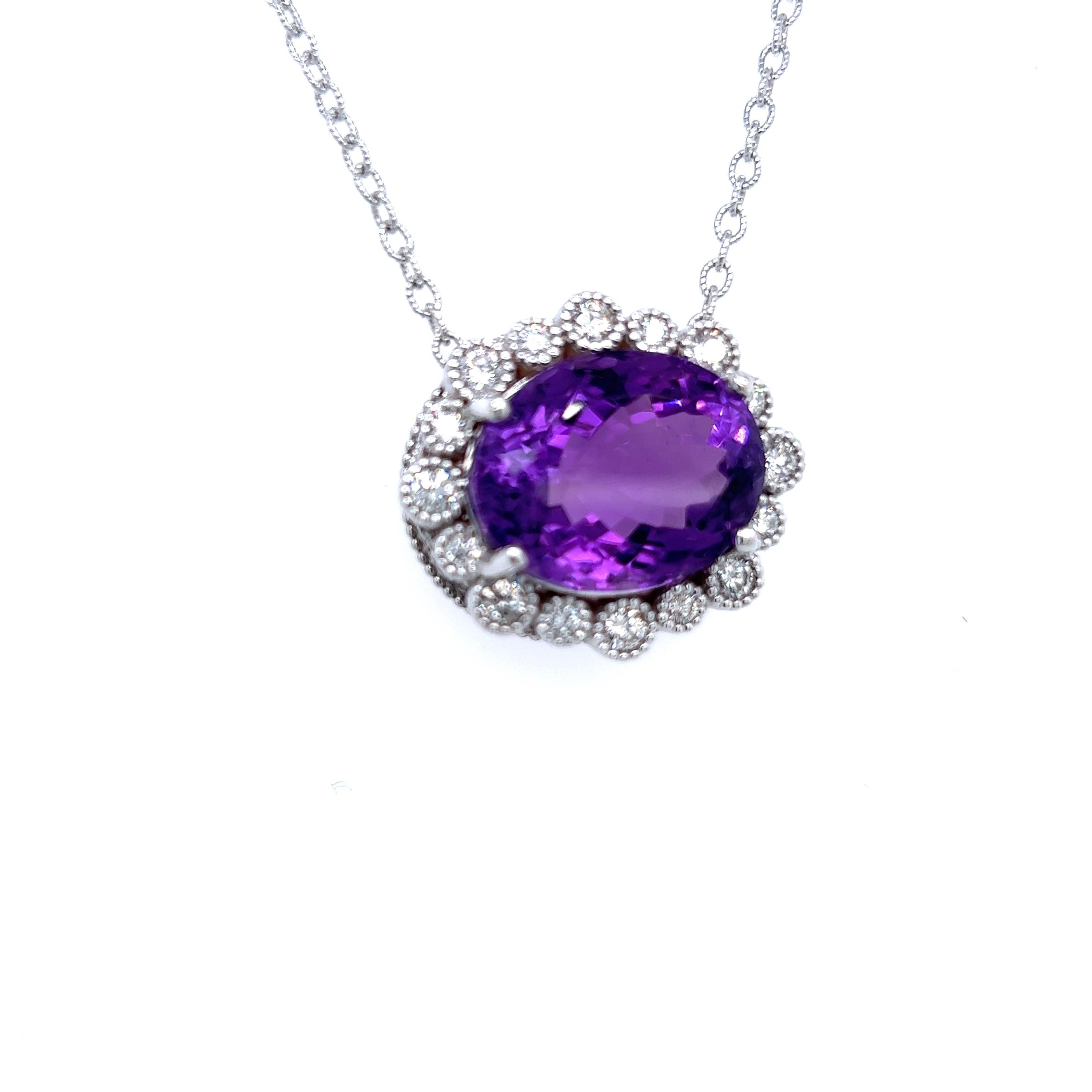 Natural Amethyst Diamond Pendant with Chain 14k W Gold 15.51 TCW Certified For Sale 2