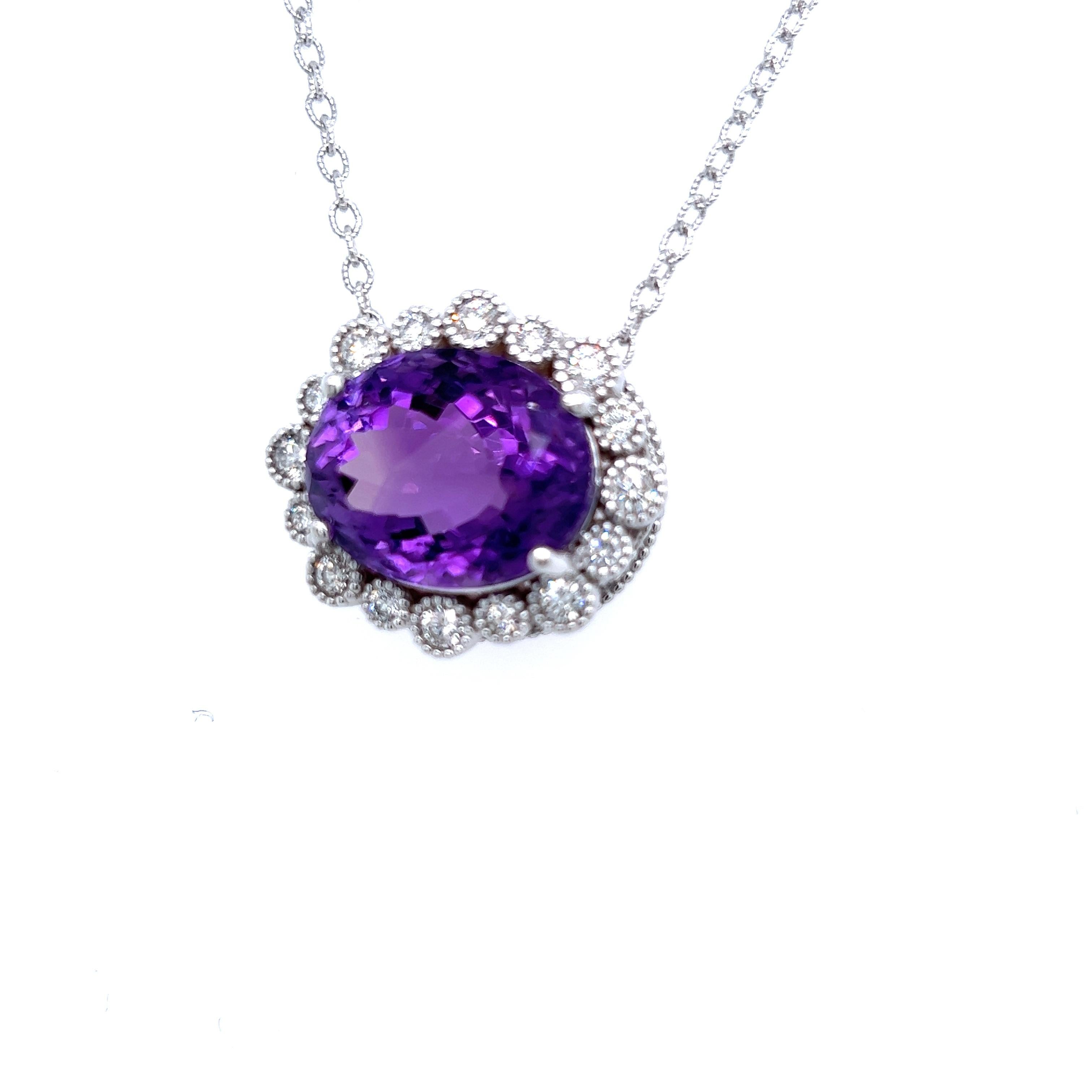 Natural Amethyst Diamond Pendant with Chain 14k W Gold 15.51 TCW Certified For Sale 3
