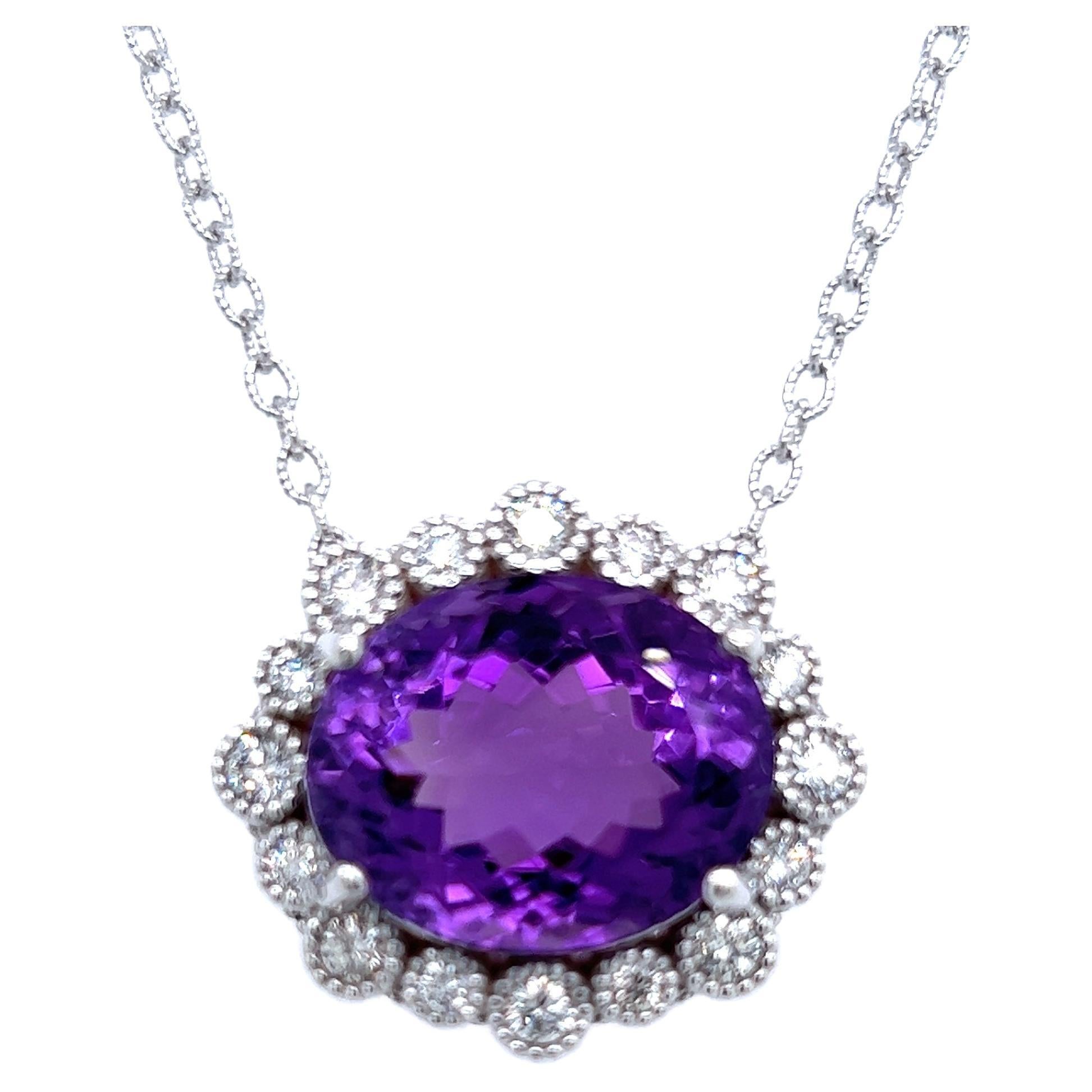 Natural Amethyst Diamond Pendant with Chain 14k W Gold 15.51 TCW Certified For Sale