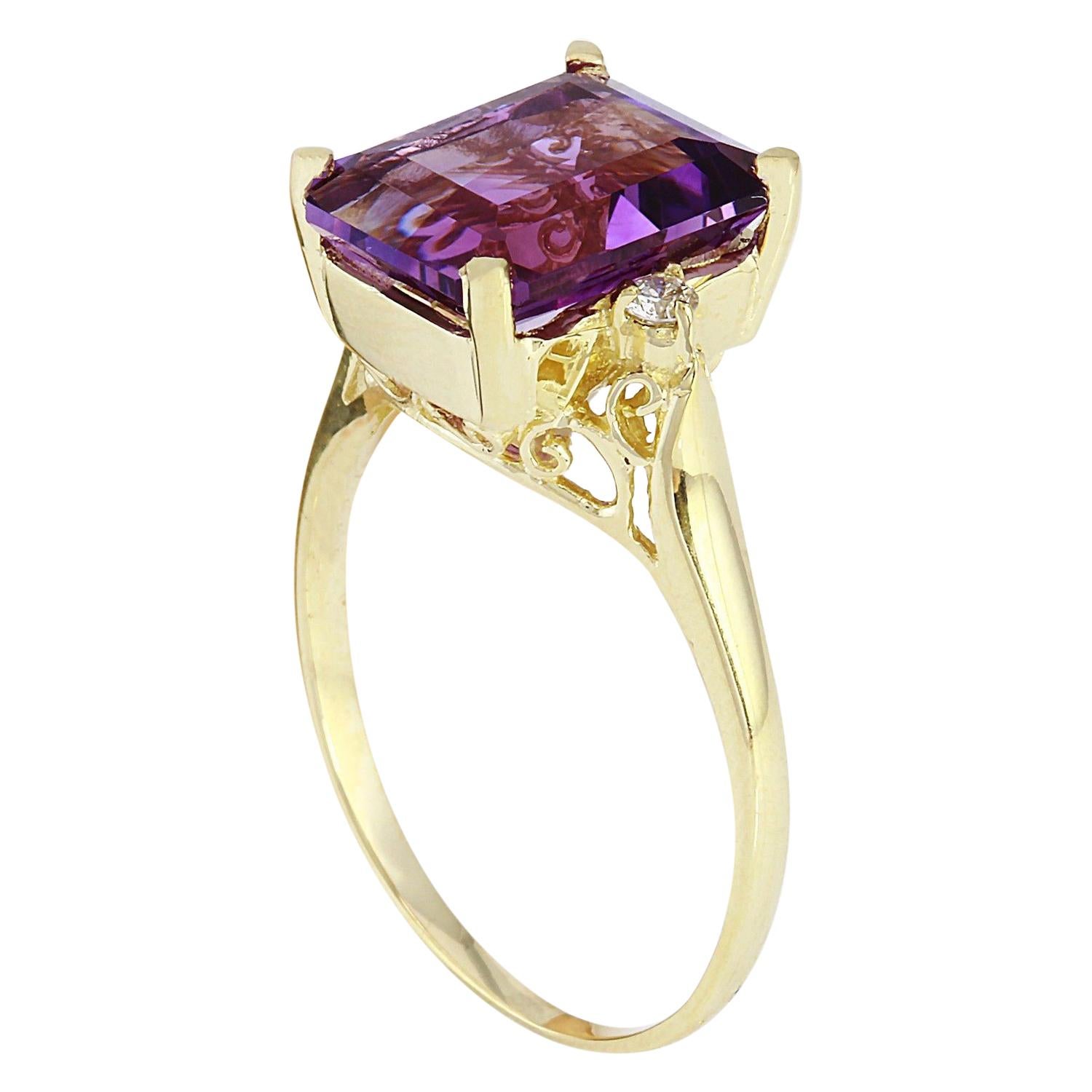 Emerald Cut Natural Amethyst Diamond Ring 14 Karat Solid Yellow Gold For Sale