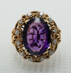 Natural Amethyst Diamond Ring 14K Gold Cocktail Vintage