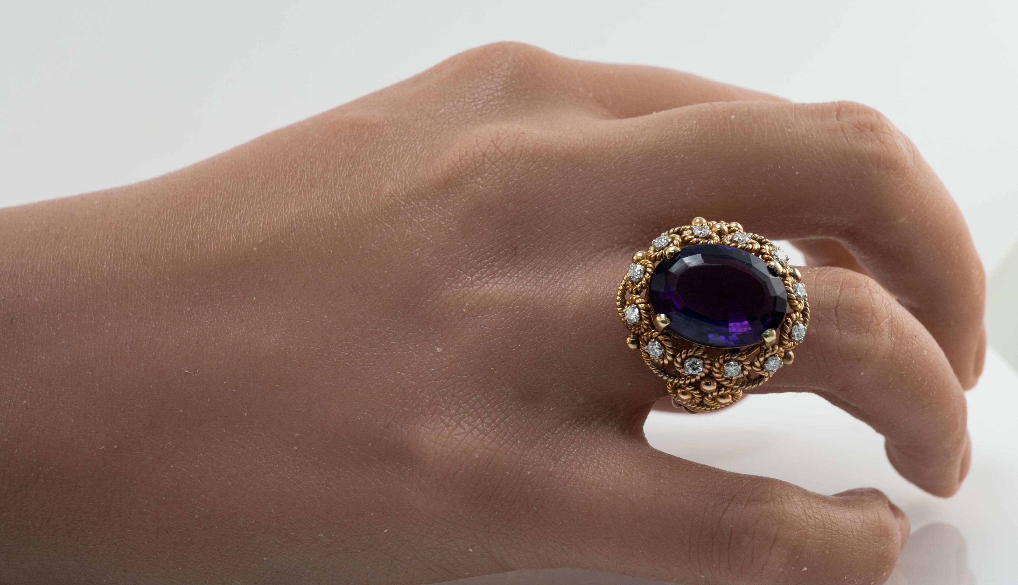 Oval Cut Natural Amethyst Diamond Ring 14K Gold Cocktail Vintage For Sale