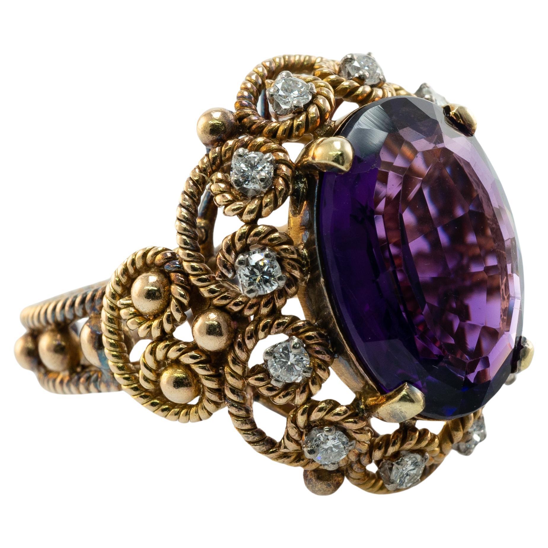 Anello con diamante e ametista naturale in oro 14K Cocktail Vintage