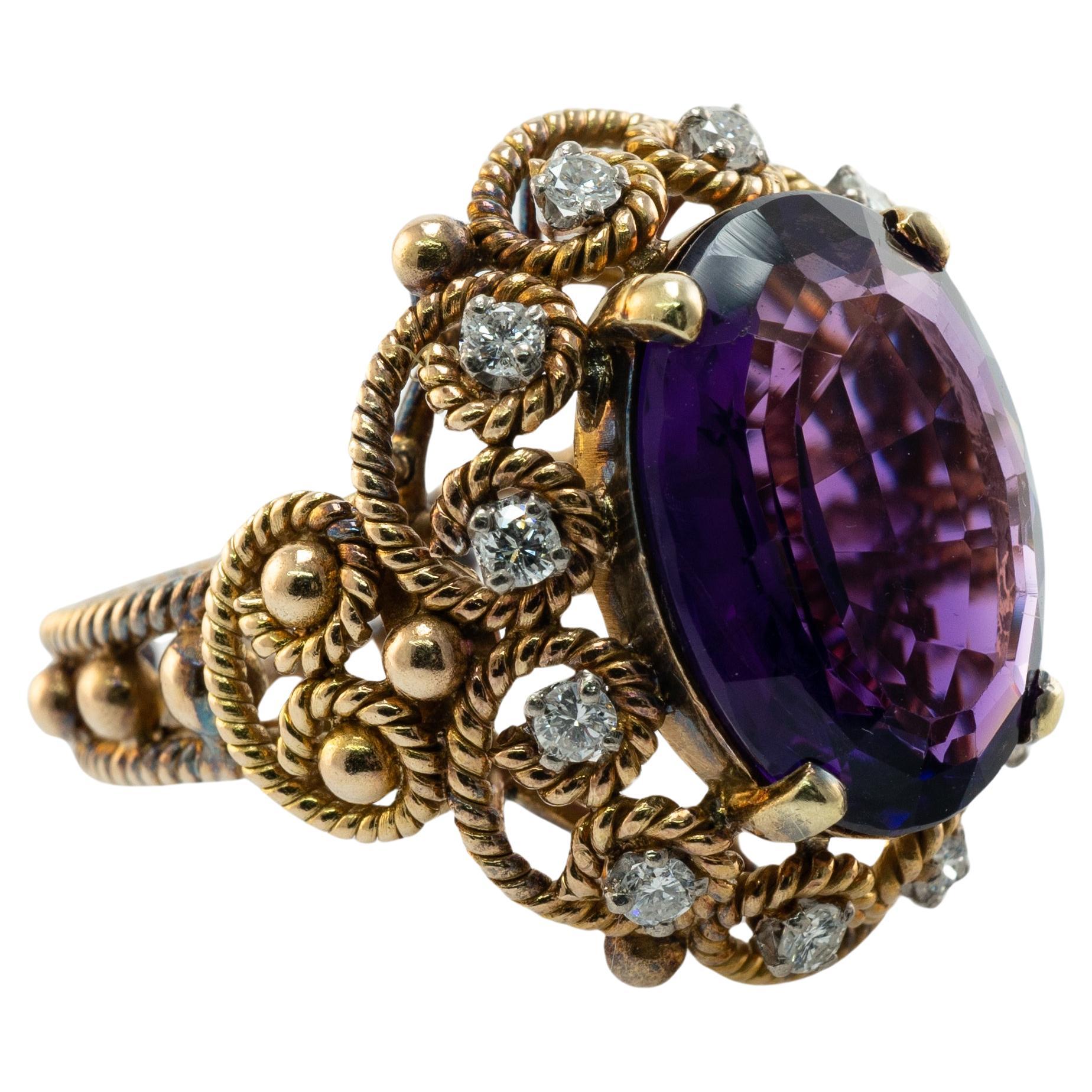 Natürlicher Amethyst-Diamant-Ring 14K Gold Cocktail Vintage