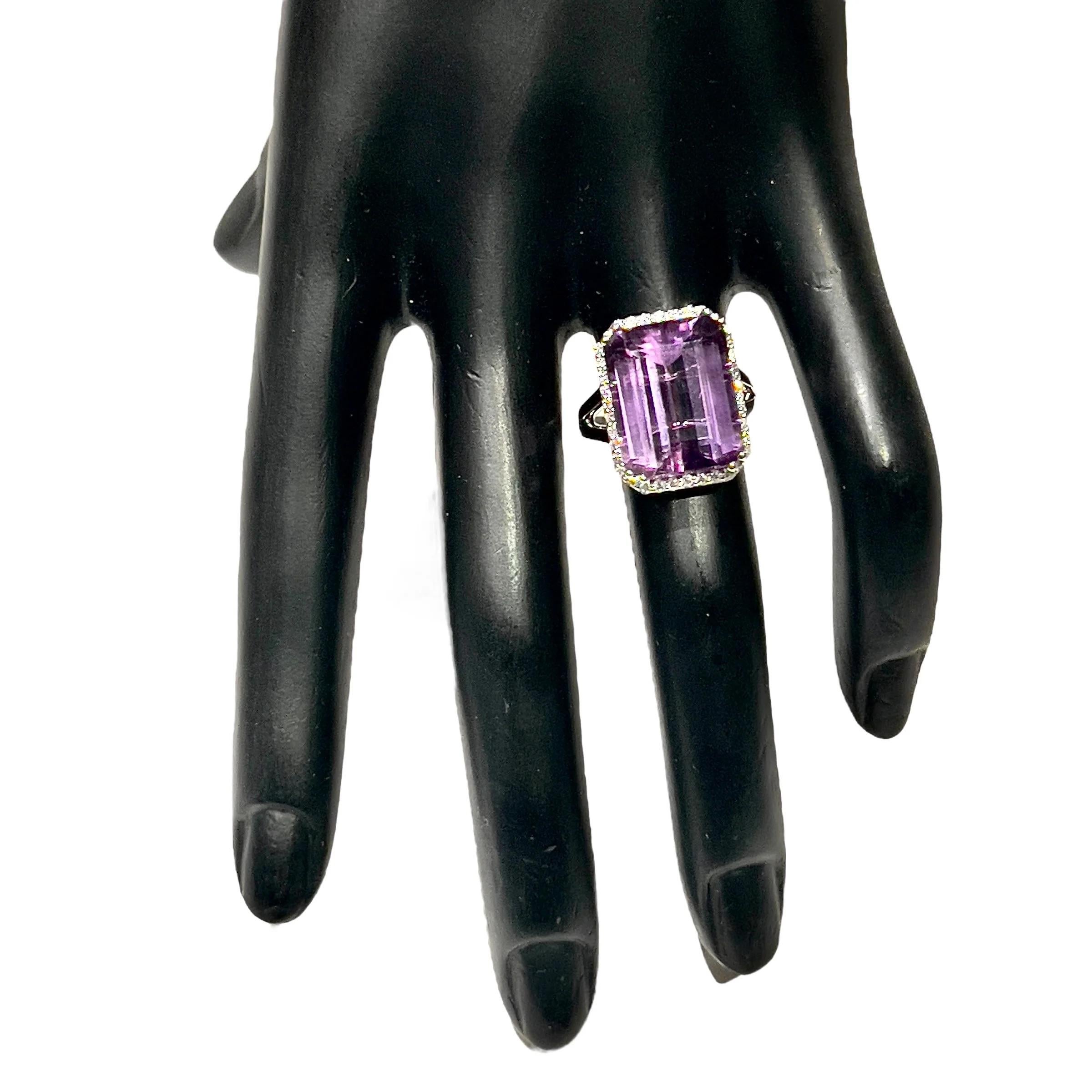 Emerald Cut Natural Amethyst Diamond Ring Size 6.5, 14k Gold 12.48 TCW Certified For Sale