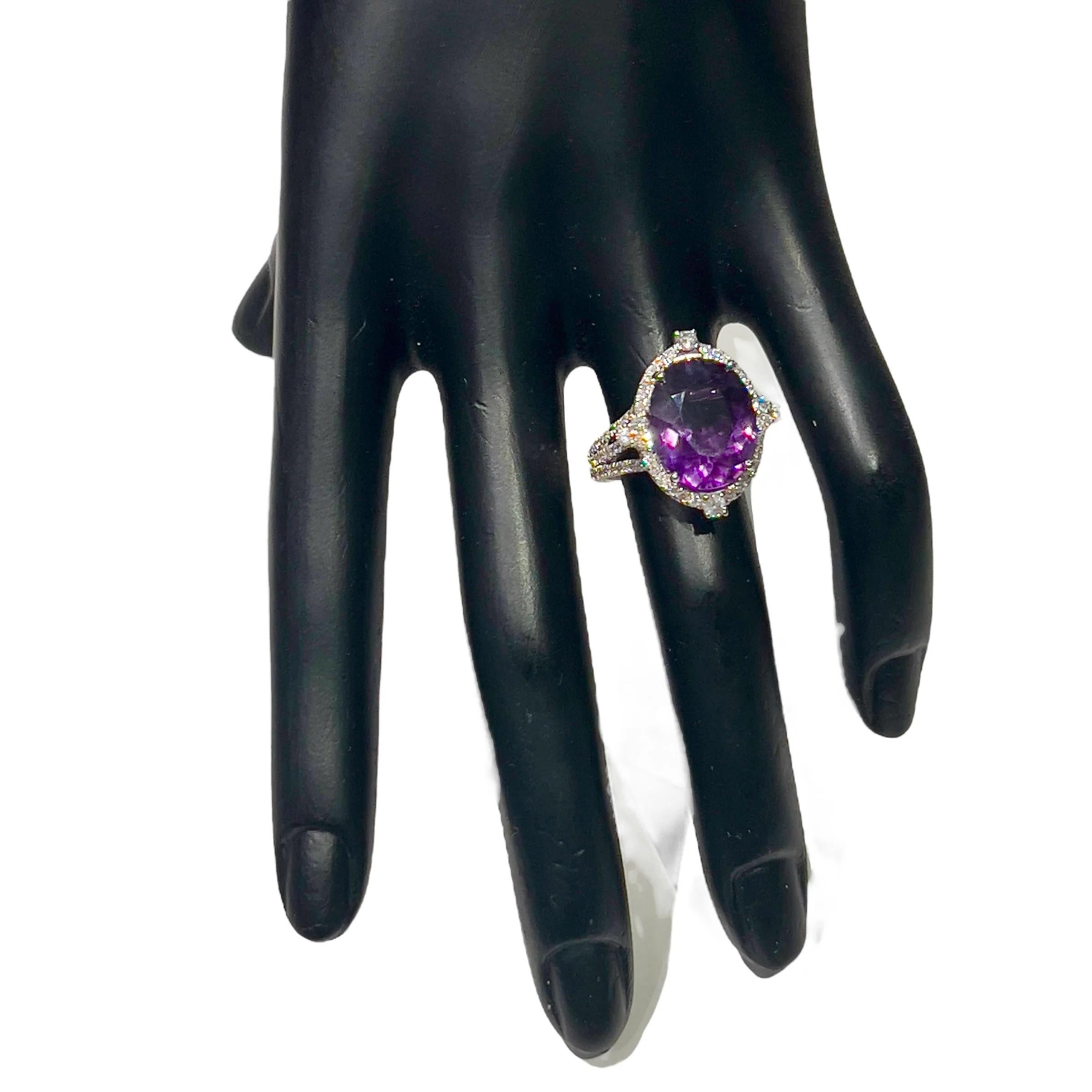 Anillo de diamantes amatista natural talla 6,5, oro de 14k certificado 8,83 TCW Corte oval en venta