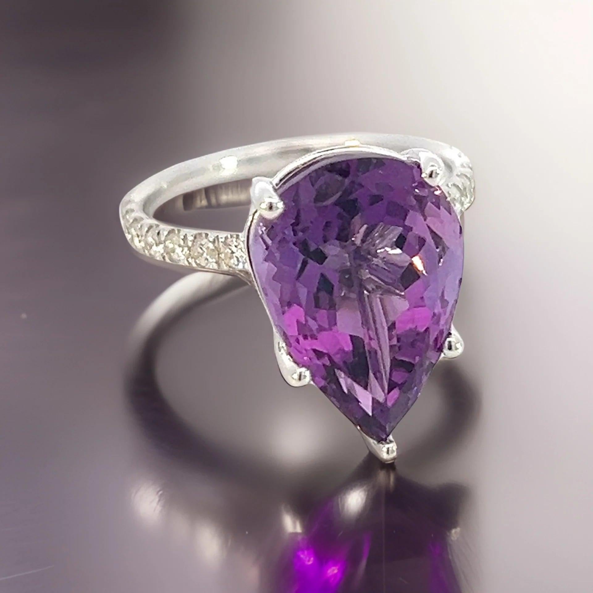 Pear Cut Natural Amethyst Diamond Ring 6.5 14k White Gold 7.67 TCW Certified For Sale