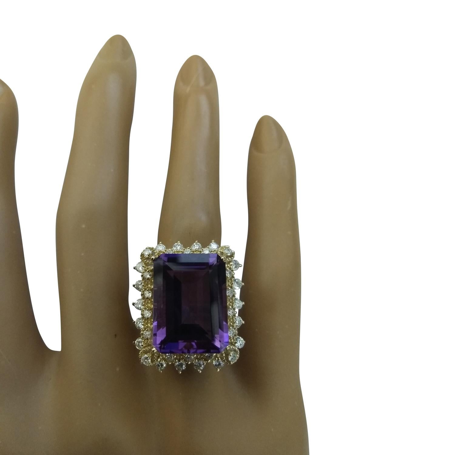 11.95 Carat Natural Amethyst 14 Karat Solid Yellow Gold Diamond Ring
Stamped: 14K 
Total Ring Weight: 6 Grams 
Amethyst Weight 11.15 Carat (16.00x12.00 Millimeters)
Diamond Weight: 0.80 carat (F-G Color, VS2-SI1 Clarity )
Quantity: 36
Face Measures: