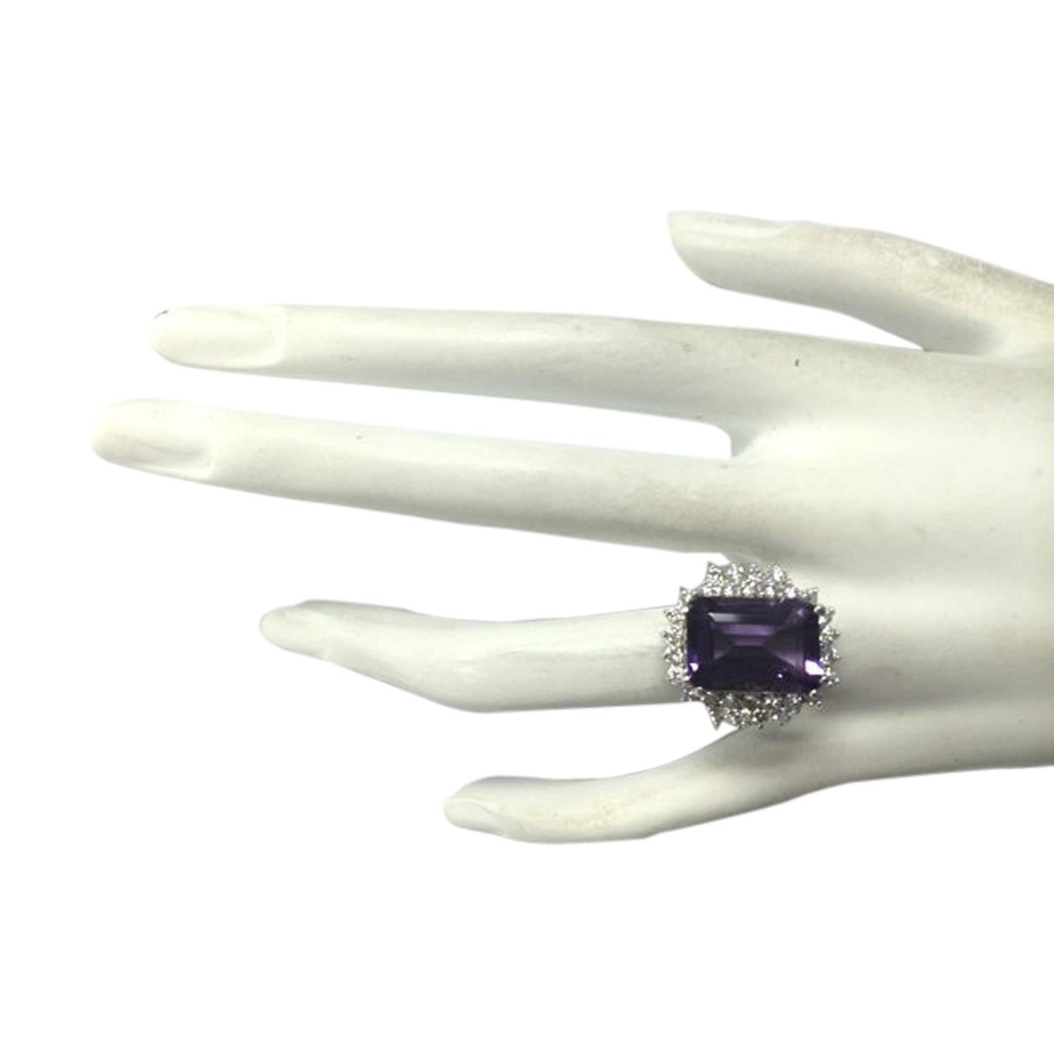 7.50 Carat Natural Amethyst 14 Karat Solid White Gold Diamond Ring
Stamped: 14K
Total Ring Weight: 8.2 Grams 
Amethyst Weight: 6.50 Carat (14.00x10.00 Millimeters) 
Diamond Weight: 1.00 Carat (F-G Color, VS2-SI1 Clarity )
Diamond Quantity: 30
Face