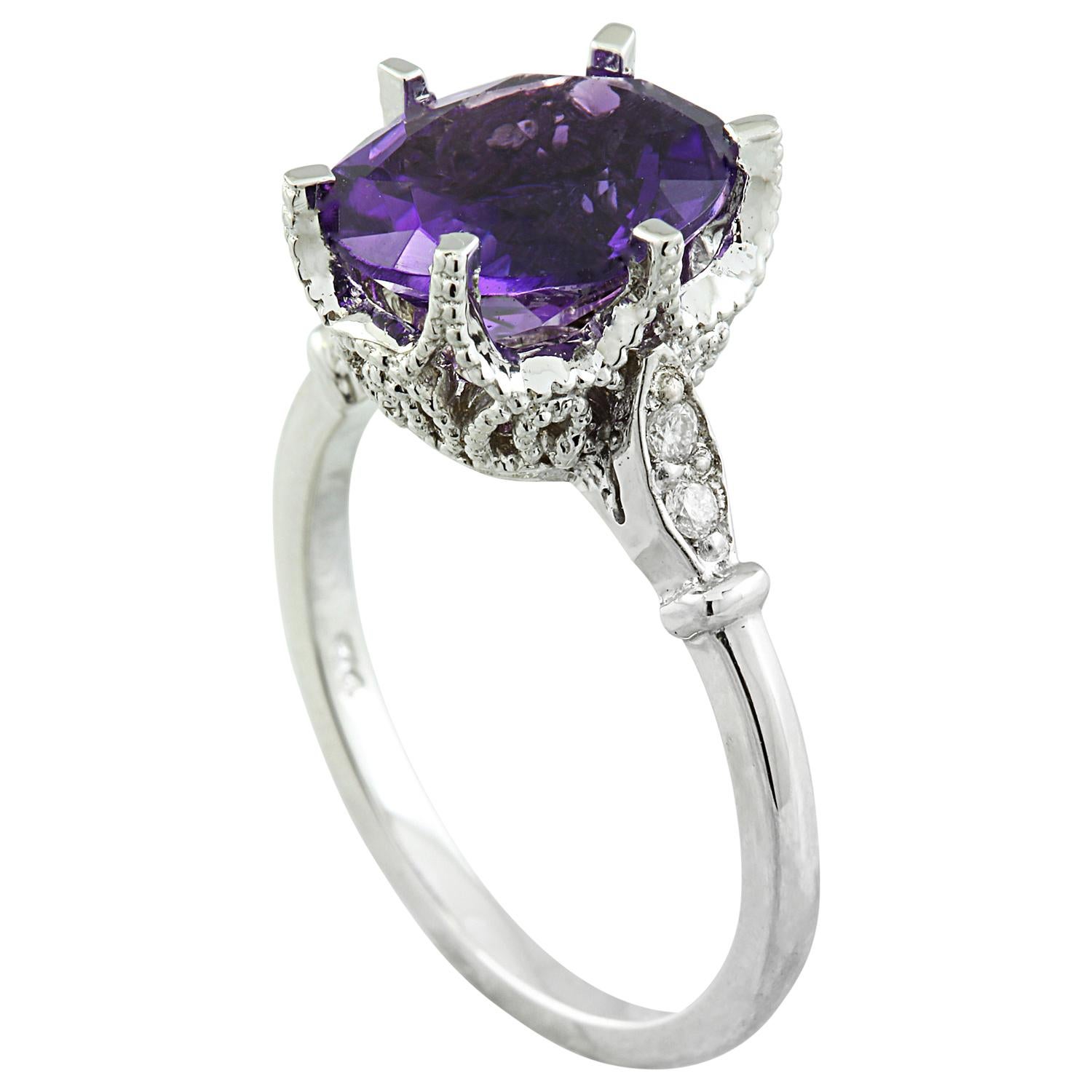 Oval Cut Natural Amethyst Diamond Ring In 14 Karat White Gold For Sale