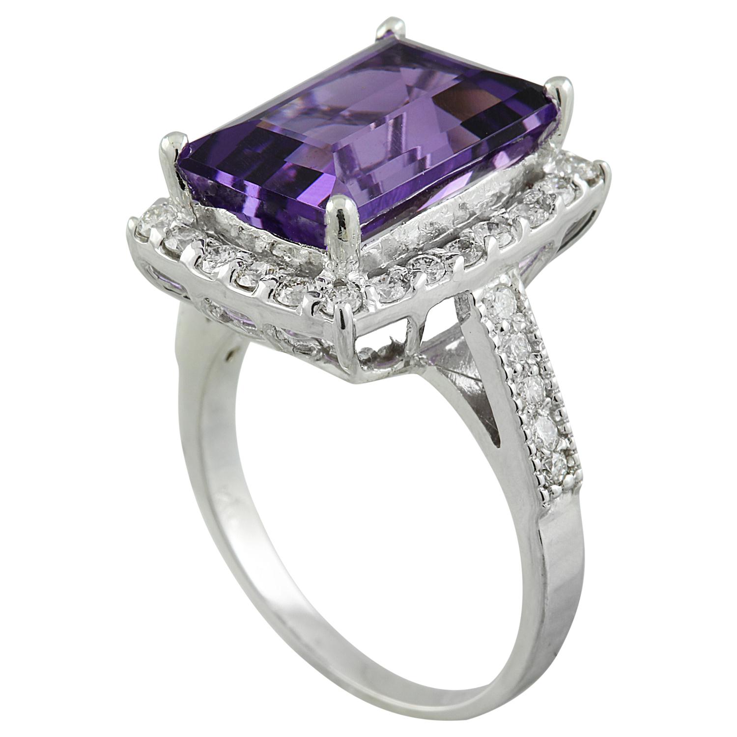 Emerald Cut Natural Amethyst Diamond Ring In 14 Karat White Gold  For Sale