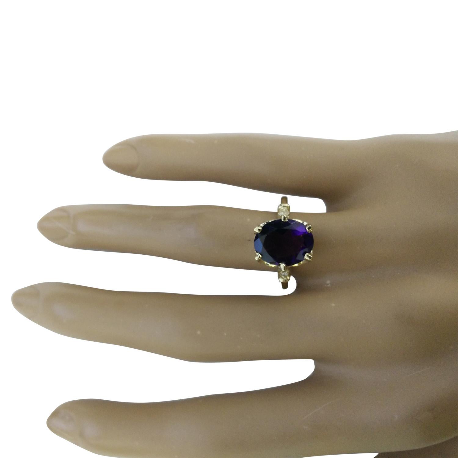 3.41 Carat Natural Amethyst 14 Karat Solid Yellow Gold Diamond Ring
Stamped: 14K 
Total Ring Weight: 4.2 Grams 
Amethyst Weight: 3.26 Carat (11.00x9.00 Millimeters)  
Diamond Weight: 0.15 Carat (F-G Color, VS2-SI1 Clarity )
Quantity: 4
Face