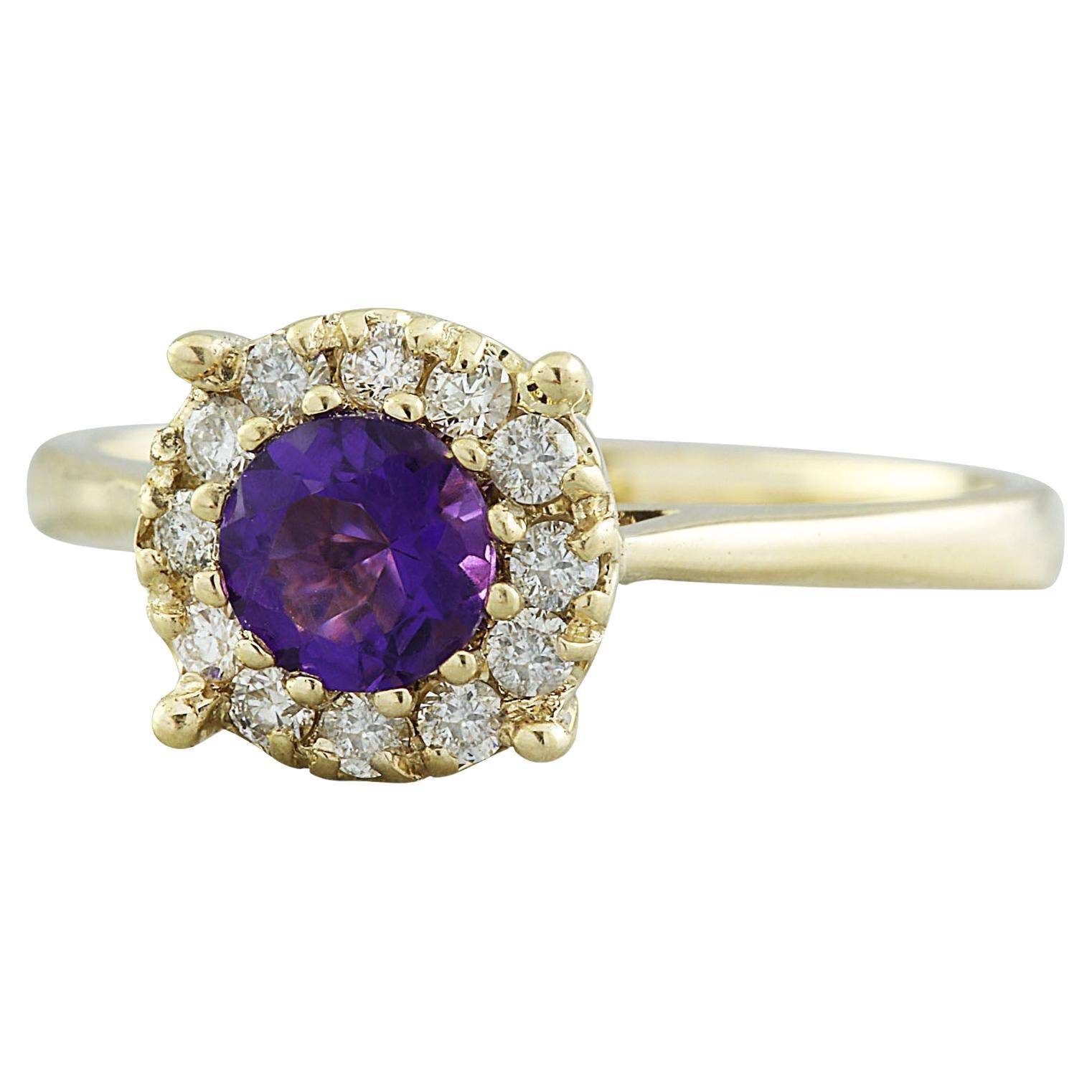 0.72 Carat Natural Amethyst 14 Karat Solid Yellow Gold Diamond Ring
Stamped: 14K 
Total Ring Weight: 2.9 Grams
Amethyst Weight: 0.50 Carat (5.00x5.00 Millimeters)  
Diamond Weight: 0.22 carat (F-G Color, VS2-SI1 Clarity )
Quantity: 12
Face Measures: