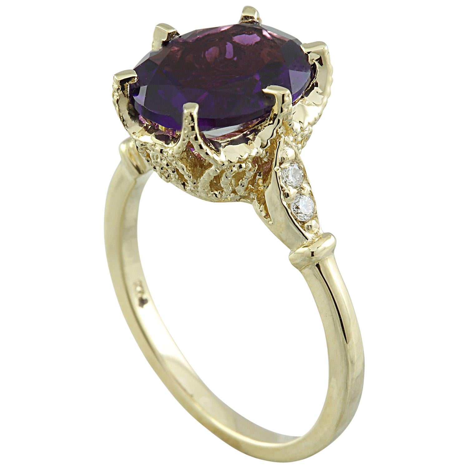 Oval Cut Natural Amethyst Diamond Ring In 14 Karat Yellow Gold For Sale