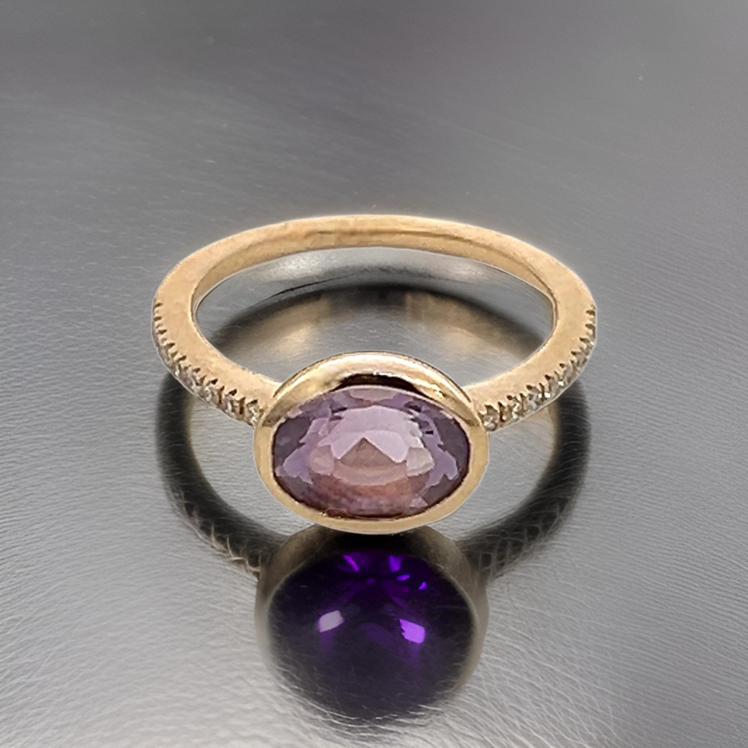 Oval Cut Natural Amethyst Diamond Ring Size 6.5 14k Y Gold 1.87 TCW Certified For Sale