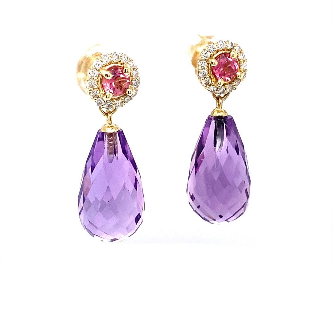 Contemporary Natural Amethyst Diamond Tourmaline Yellow Gold Drop Earrings For Sale