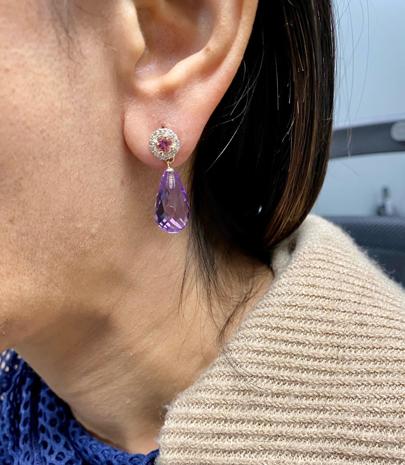 Natural Amethyst Diamond Tourmaline Yellow Gold Drop Earrings In New Condition For Sale In Los Angeles, CA
