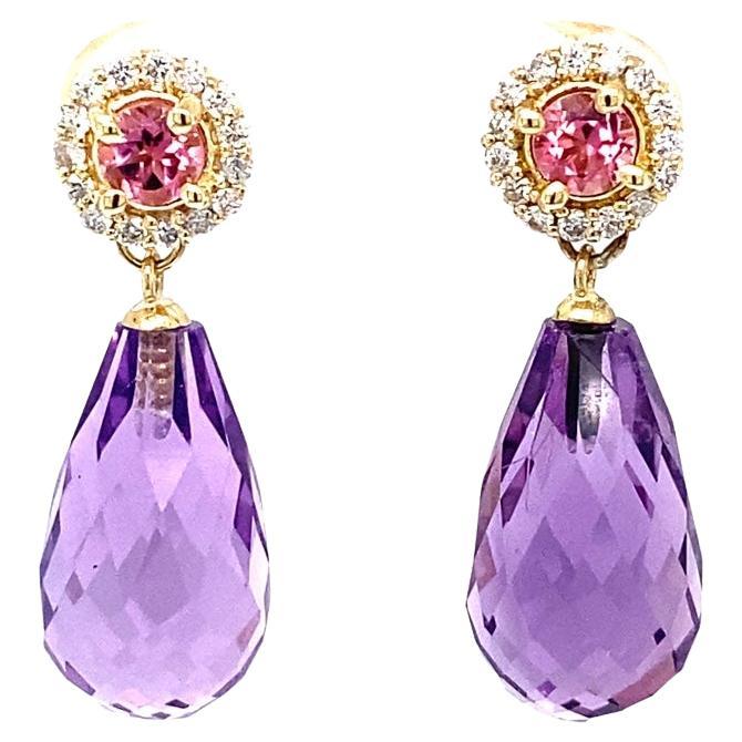 Natural Amethyst Diamond Tourmaline Yellow Gold Drop Earrings For Sale